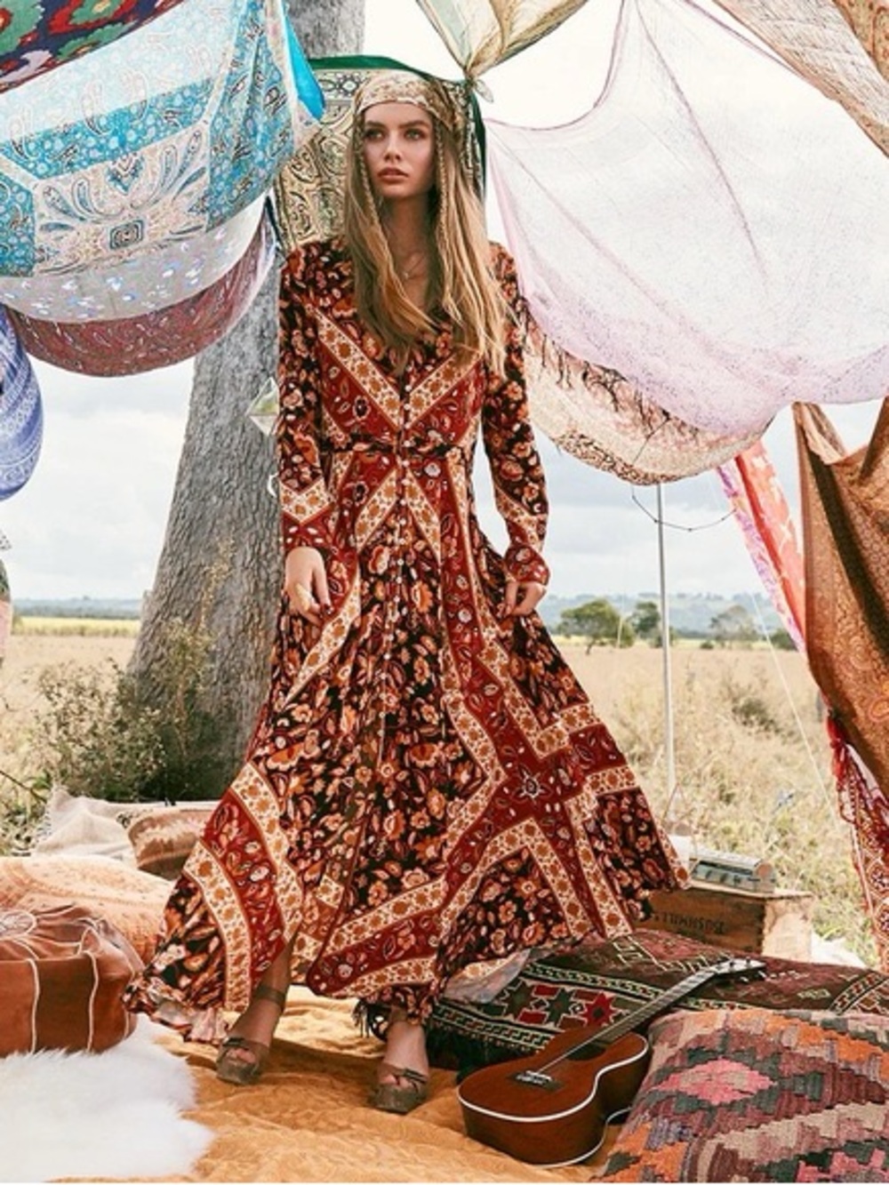 Spell Burgundy Floral & Bandana-Print Maxi Dress